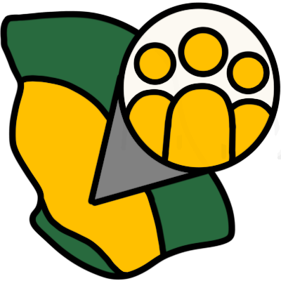 a dark green land shape with an area highlighted in yellow. from that yellow area is a broadening triangle shape leading to a circle (like a place marker symbol); the circle has three yellow figures in it, the same shade of yellow as the land area.